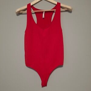 SWS Essentials Racerback V-Neck Thong Bodysuit Solid Red Size Large